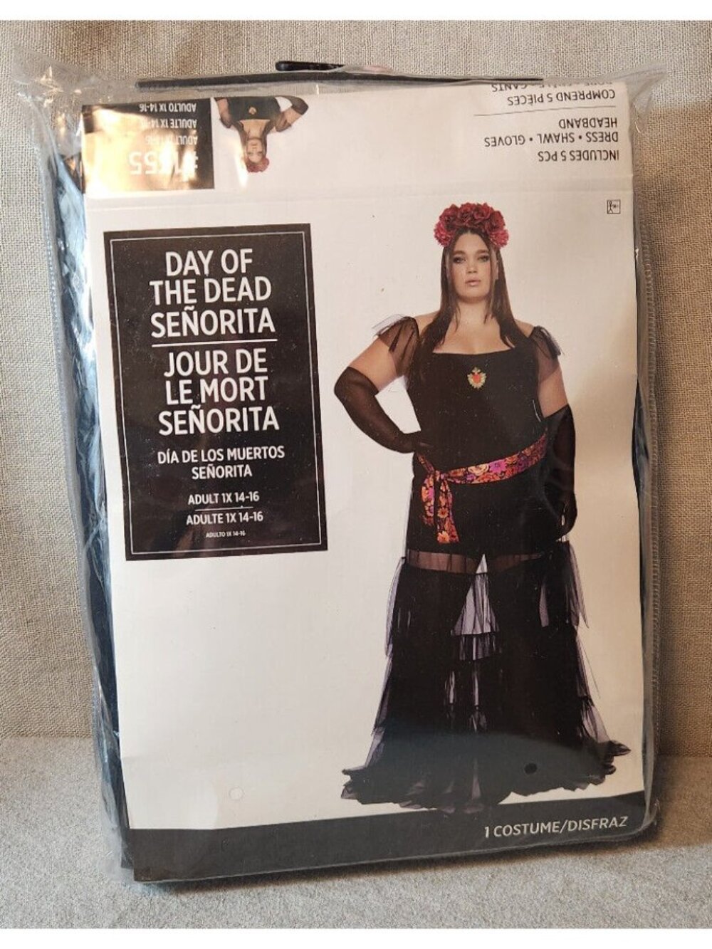 Day Of The Dead Senorita Beauty Floral Black 5PC Dress 1XL 1XLARGE 14 -16 NEW - Picture 2 of 3